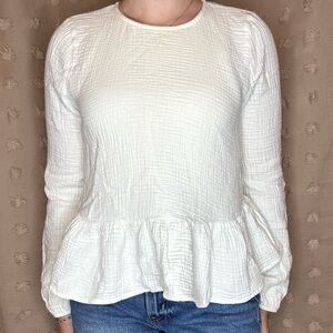 White Long-Sleeve Peplum Textured Top - Women copper key size medium